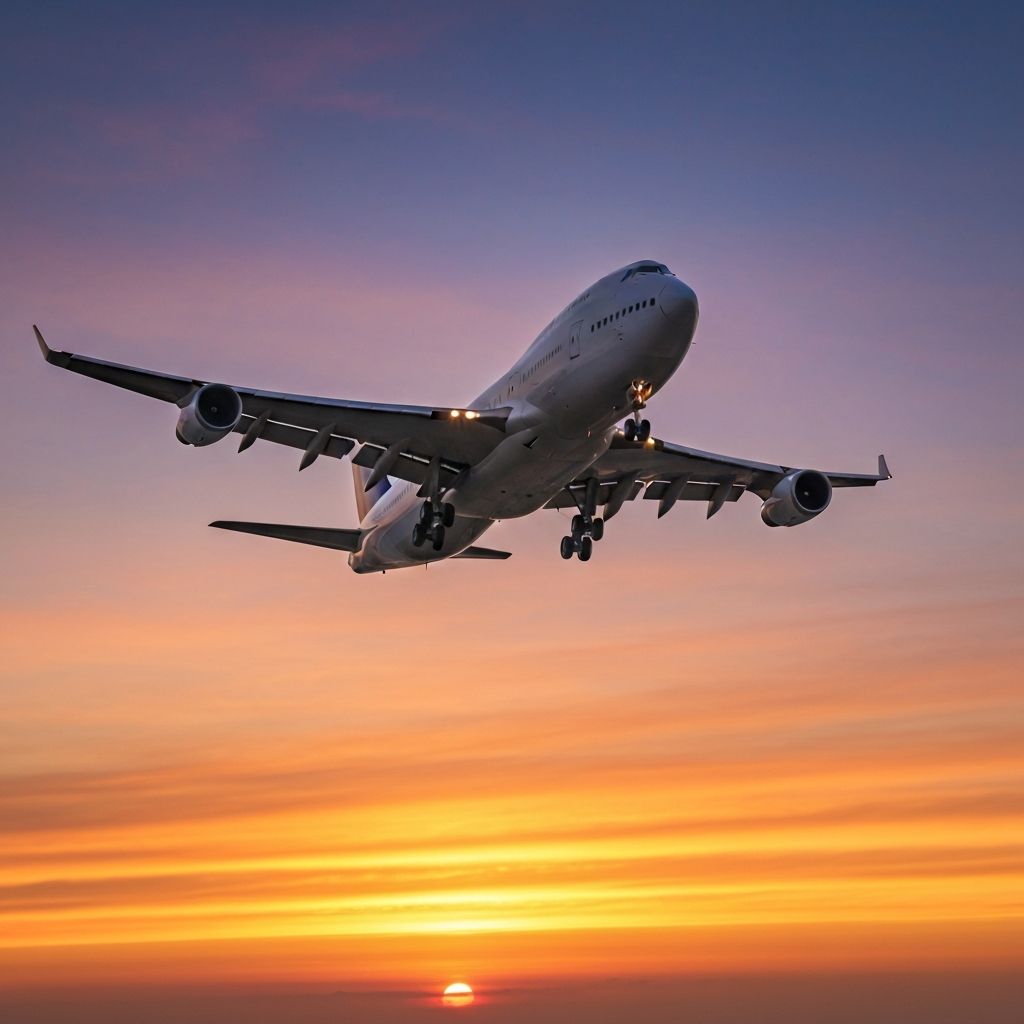 Avión despegando al atardecer